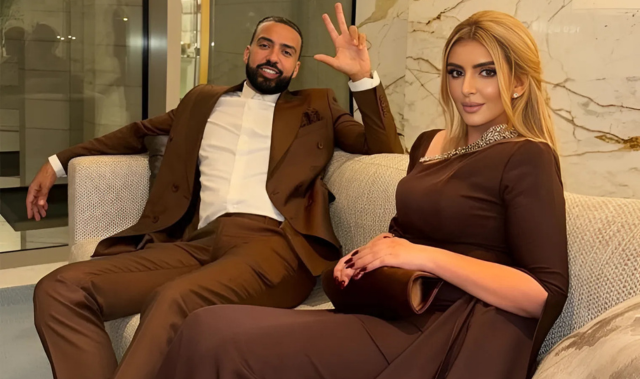 French Montana sitting beside Sheikha Mahra on a sofa, both wearing coordinated brown outfits with stylish accents.