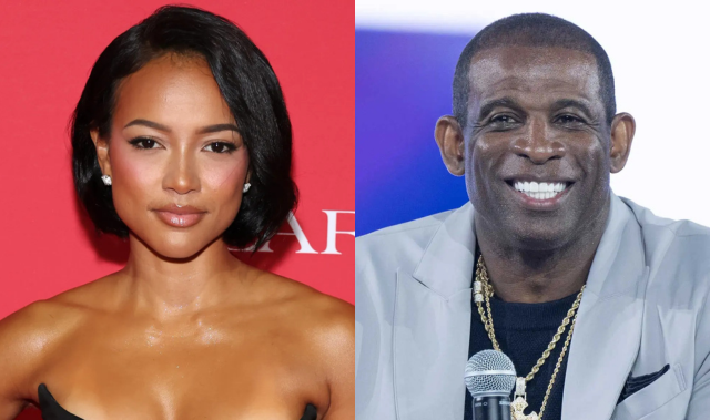 Split photo of Karrueche Tran posing on a red carpet and Deion Sanders smiling while holding a microphone.