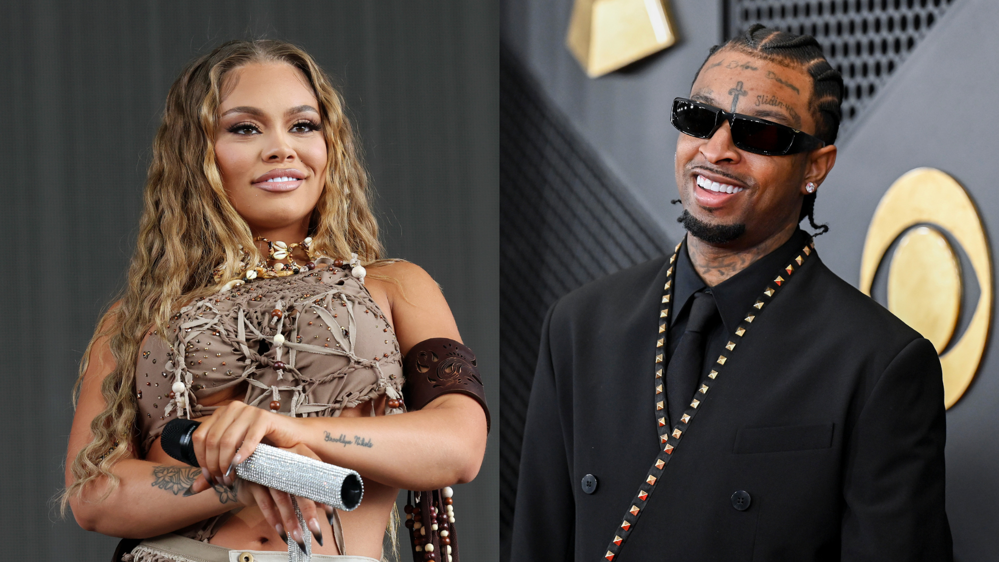 Split image showing Latto holding a microphone on stage in a decorated outfit, next to 21 Savage smiling on the red carpet in a black suit and sunglasses.