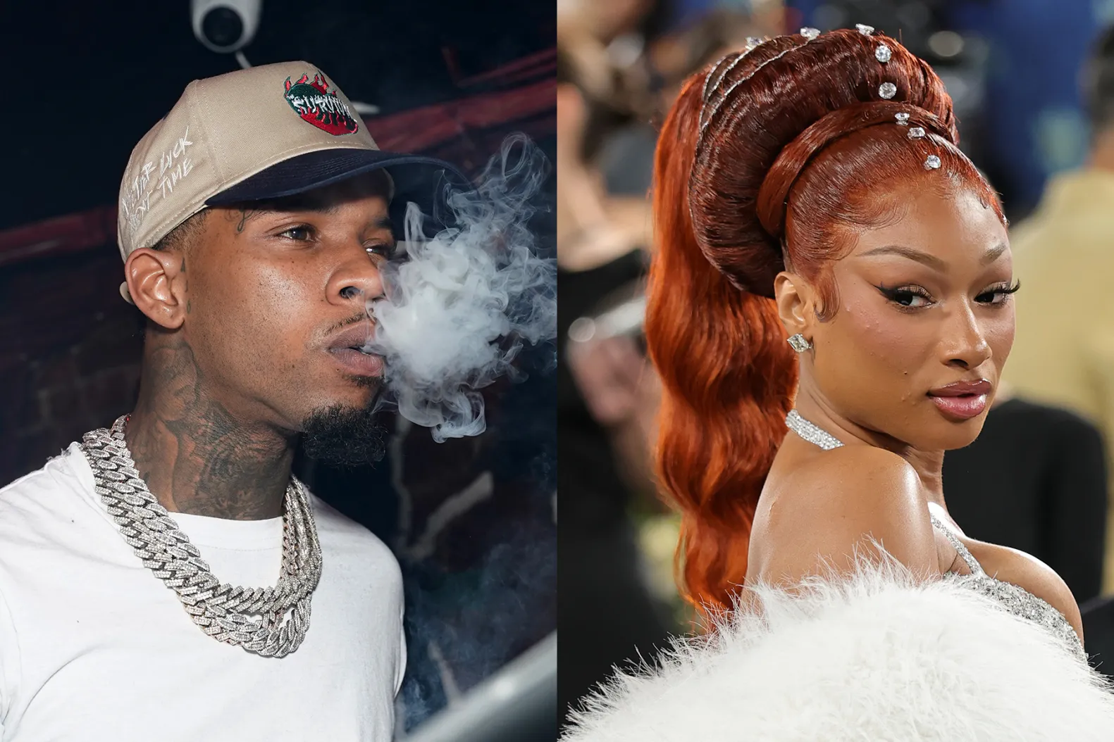 Split image of Tory Lanez wearing a cap and blowing smoke, alongside Megan Thee Stallion posing in a glamorous gown on the red carpet.