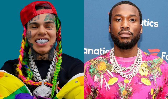 Split image of 6ix9ine smiling in a colorful jacket and red cap with rainbow braids, next to Meek Mill in a pink floral shirt with layered diamond chains.
