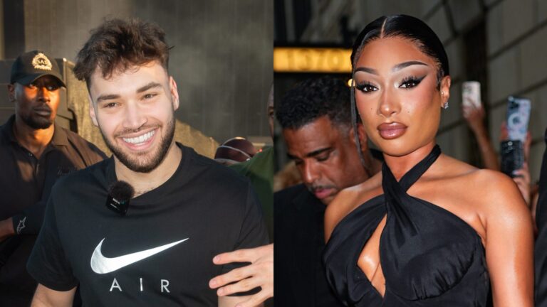 Adin Ross smiling in a black Nike Air shirt next to Megan Thee Stallion in a sleek black dress at separate public appearances.