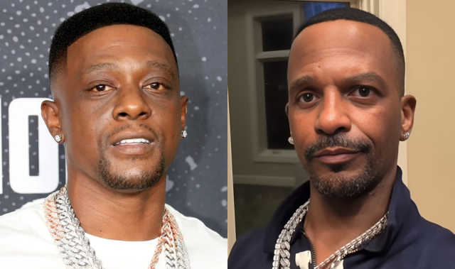 Split photo showing Boosie Badazz wearing diamond chains and earrings on the red carpet next to Charleston White in a collared shirt with a serious expression.