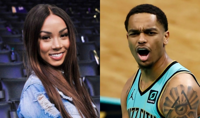 Split image showing Brittany Renner smiling in a denim jacket next to PJ Washington in a teal Charlotte Hornets jersey during a game.