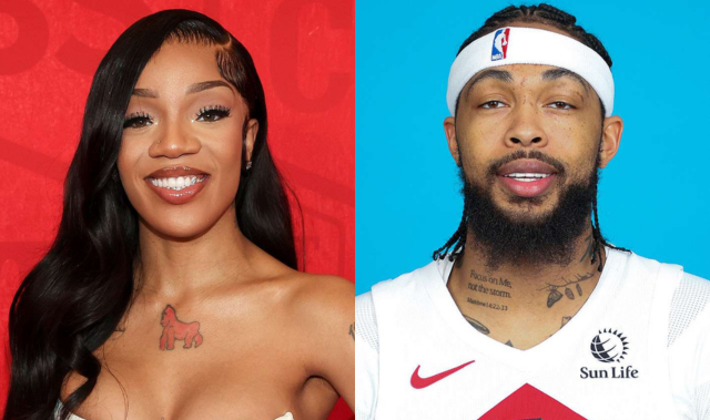 Split image showing rapper GloRilla smiling in a strapless outfit with long black hair next to NBA player Brandon Ingram in a white New Orleans Pelicans jersey with a headband.
