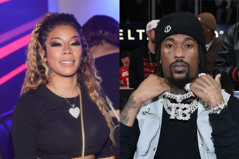 Side-by-side image of Keyshia Cole smiling in a black top and heart necklace next to rapper Hunxho wearing diamond chains and a beanie.