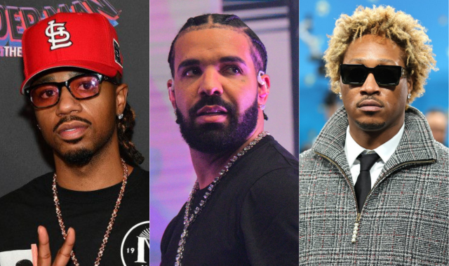 Metro Boomin wearing a red cap, Drake performing in a black shirt, and Future in sunglasses and a suit jacket at public appearances.