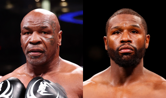 Split image of Mike Tyson wearing boxing gloves and Floyd Mayweather shirtless in the ring, styled like a face-off poster.