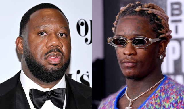Split image showing Pierre “P” Thomas in a tuxedo at a formal event next to Young Thug wearing sunglasses and a colorful sweater on the red carpet.