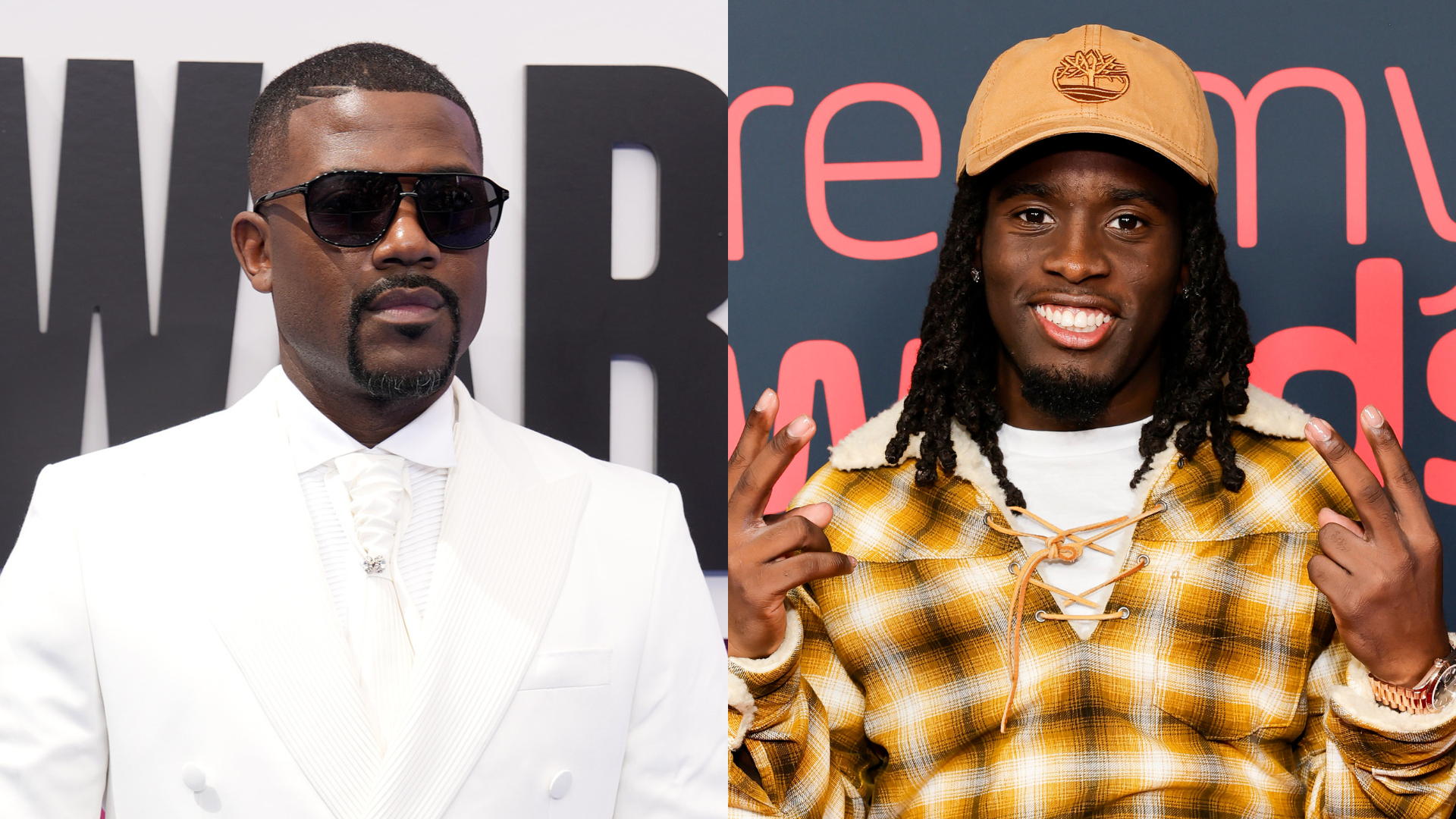 Split image showing Ray J in an all-white suit and sunglasses on the red carpet next to Kai Cenat in a yellow plaid jacket and tan Timberland cap flashing peace signs.