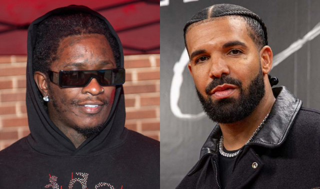 Side-by-side image of Young Thug in a hoodie with sunglasses and Drake in a leather jacket, both looking serious.