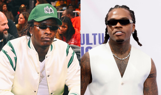 Side-by-side photo of Young Thug in a green Celtics cap and white jacket sitting courtside next to Gunna in a sleeveless white vest and sunglasses on a red carpet.