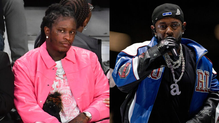 Split image showing Young Thug sitting courtside in a bright pink jacket next to Kendrick Lamar performing on stage in a blue leather jacket with diamond chains.