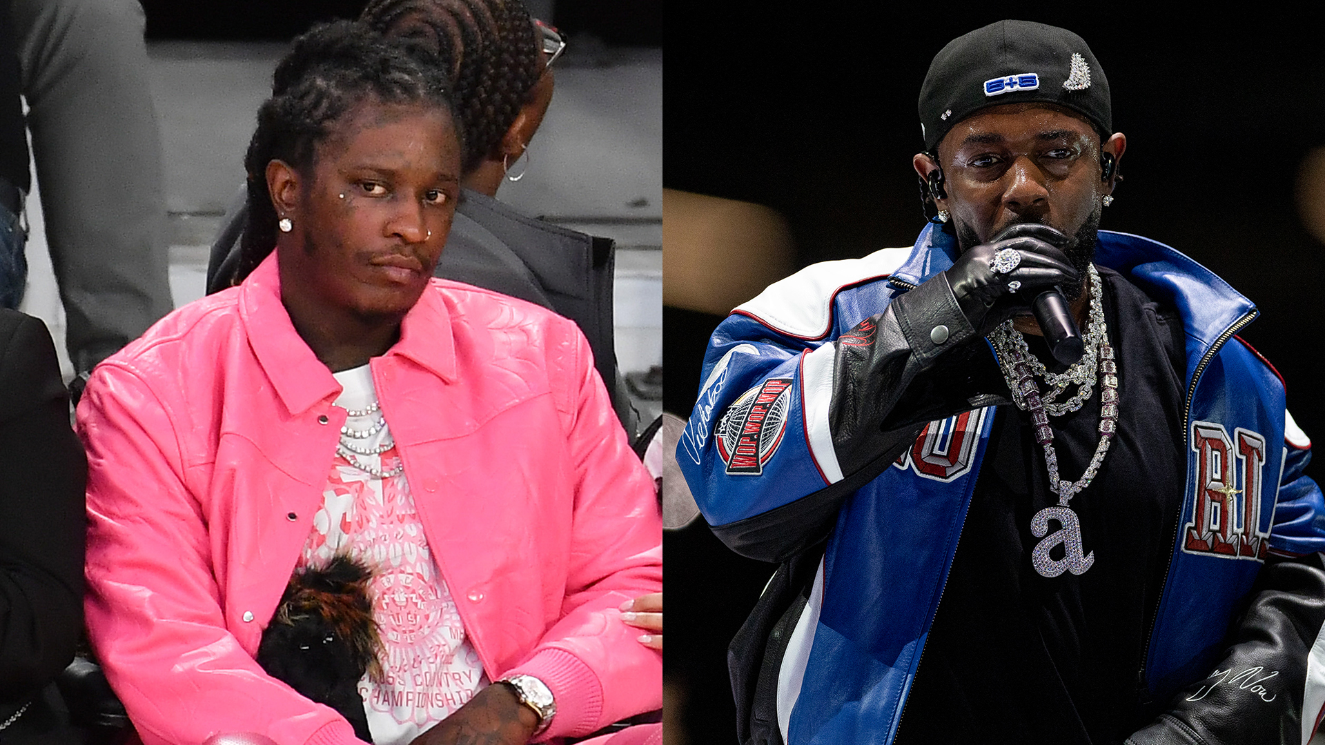 Split image showing Young Thug sitting courtside in a bright pink jacket next to Kendrick Lamar performing on stage in a blue leather jacket with diamond chains.