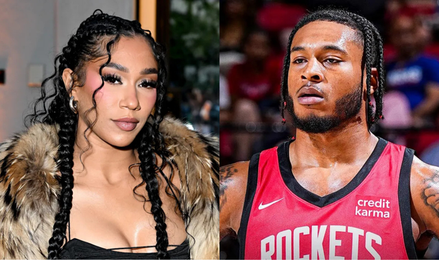 Rapper BIA and NBA player Cam Whitmore pictured separately, both dressed stylishly at different events.