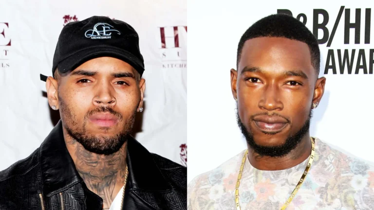 Chris Brown and Kevin McCall attending a red carpet event, both dressed stylishly with tattoos and facial hair.