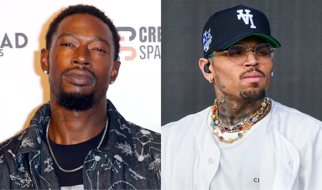 Kevin McCall posing at an event next to Chris Brown wearing sunglasses, a black cap, and layered jewelry.
