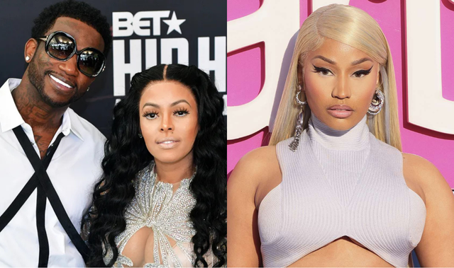 Gucci Mane and Keyshia Ka’Oir posing together at an event next to Nicki Minaj wearing a white sleeveless turtleneck top.