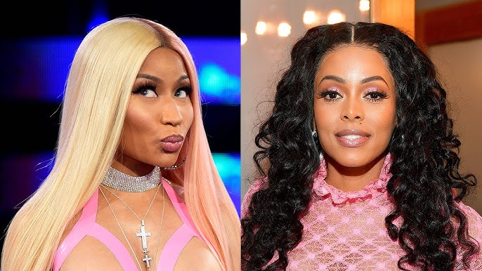 Nicki Minaj and Keyshia Ka’Oir posing separately, both wearing glamorous pink outfits.