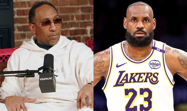 Stephen A. Smith speaking into a microphone during a podcast next to an image of LeBron James wearing his Lakers jersey.