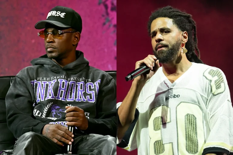 Two hip-hop artists holding microphones, one in a hoodie at a live talk and the other performing on stage under red lights.