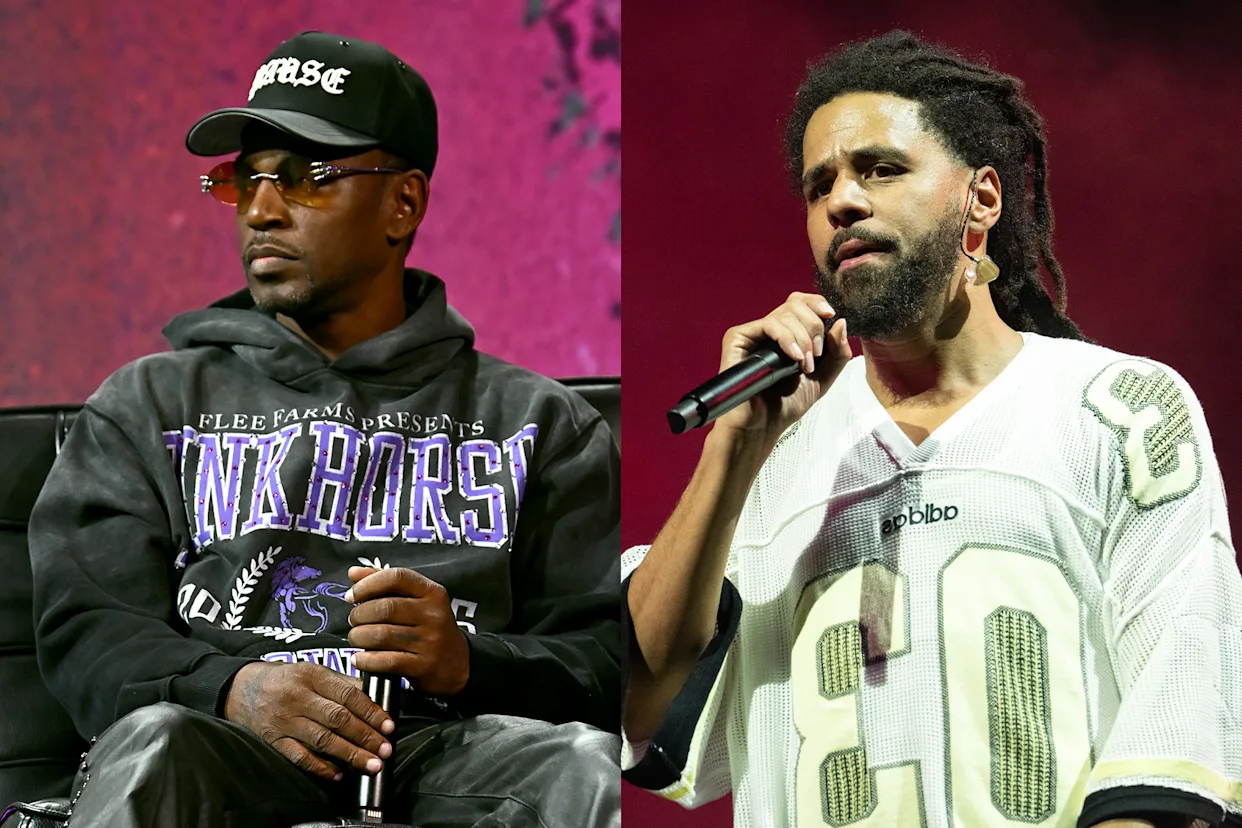 Two hip-hop artists holding microphones, one in a hoodie at a live talk and the other performing on stage under red lights.