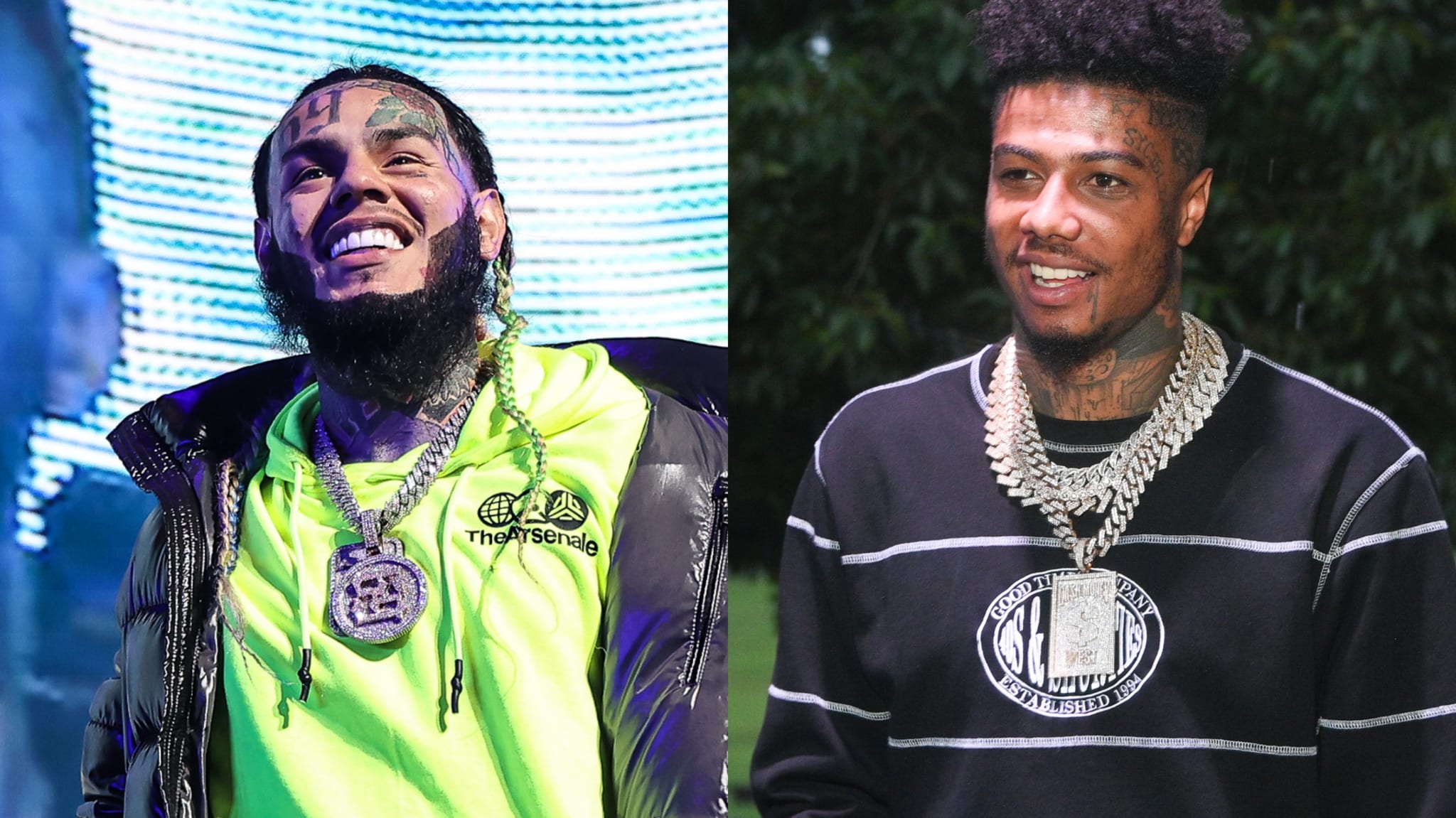 6ix9ine wearing a neon green hoodie and Blueface in a black sweatshirt, both smiling and showing off diamond chains during a hip-hop event.