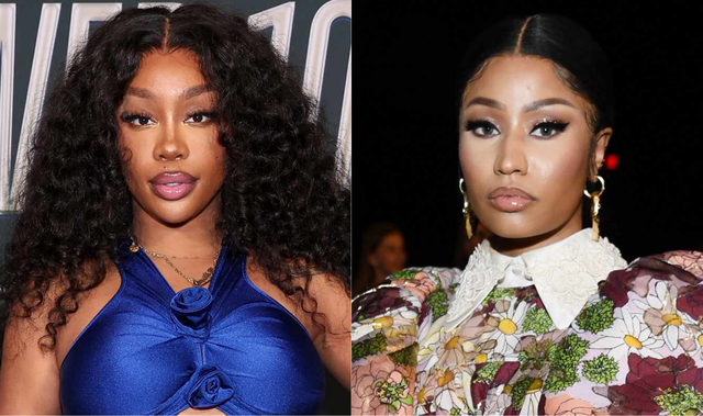 SZA wearing a blue top and Nicki Minaj in a floral dress posing at a music industry event