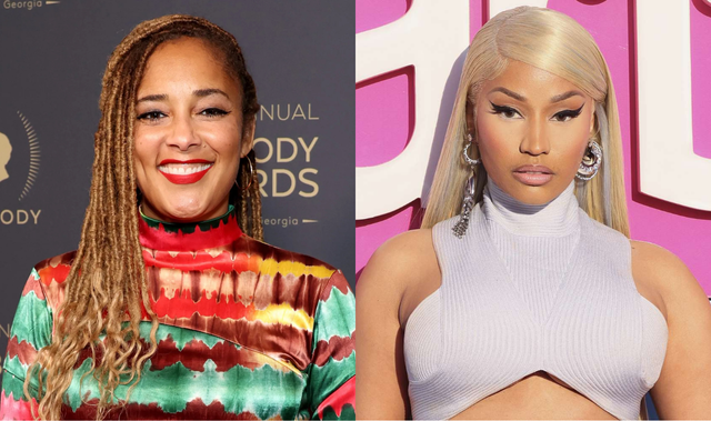 Split photo of two women at different events—one wearing a colorful patterned dress with long braids, and the other in a light sleeveless top with straight blonde hair—both standing in front of event backdrops.