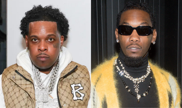 Split image of two men wearing designer fashion—one in a tan patterned jacket with layered chains, and the other in a yellow-and-black sweater with sunglasses and jewelry—both posing for portrait-style photos.