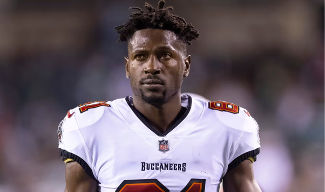 Former NFL wide receiver Antonio Brown wearing a Tampa Bay Buccaneers uniform during a game.