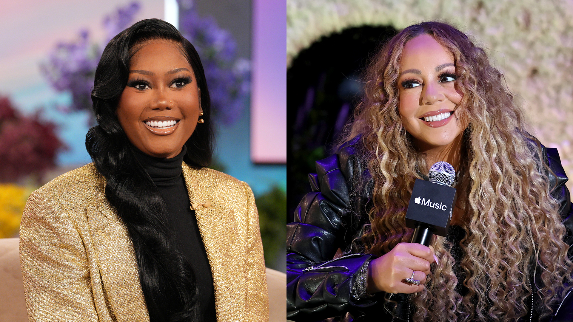 Split image showing a woman in a gold jacket on a talk show set and another woman with long curly hair holding a microphone during a media interview.