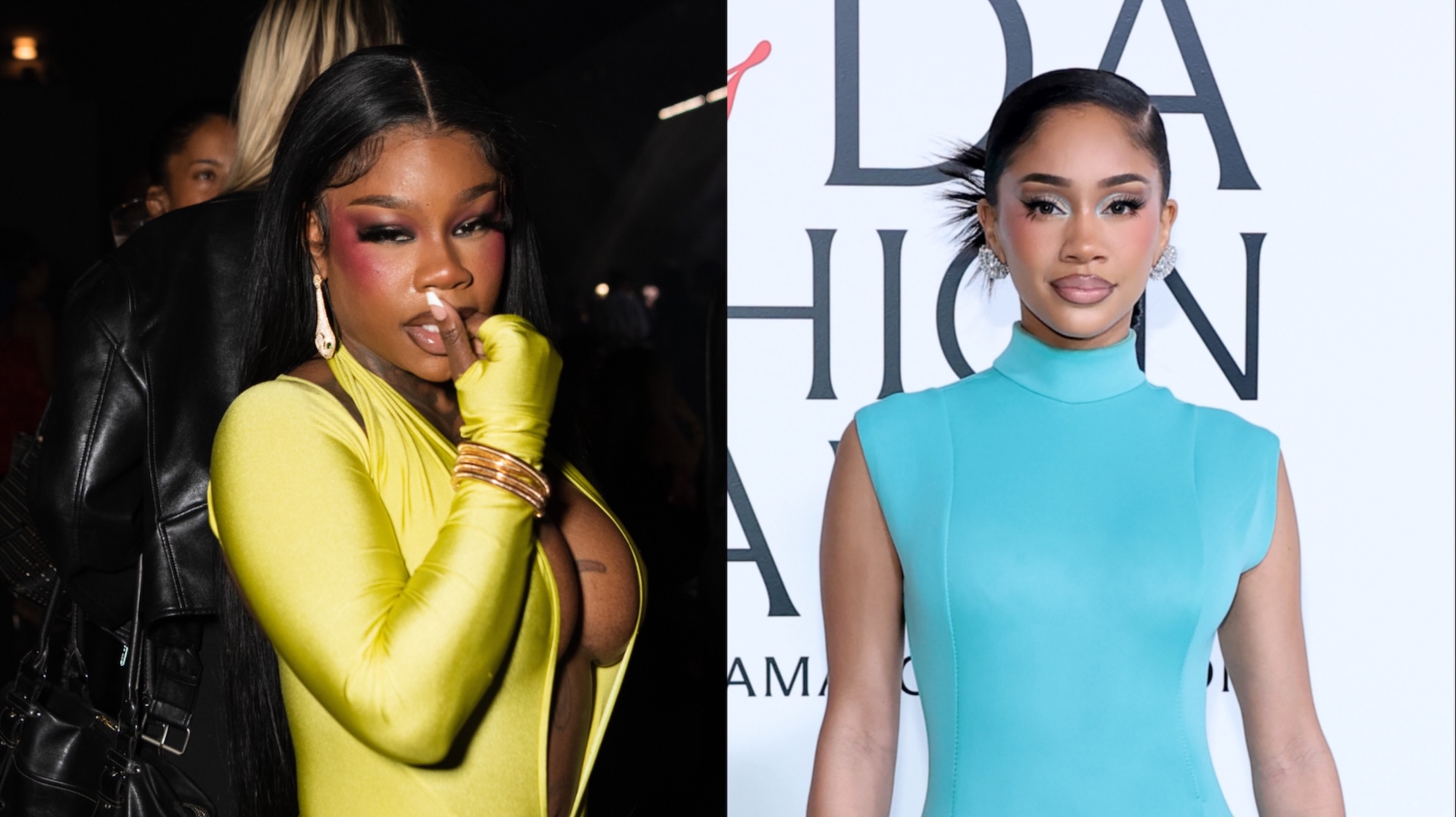 Side-by-side portraits of two women, one wearing a bright yellow outfit with dramatic makeup and the other in a turquoise dress with sleek styling