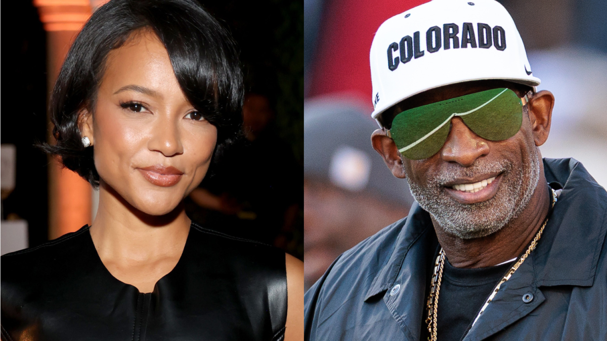 woman smirking and deion sanders