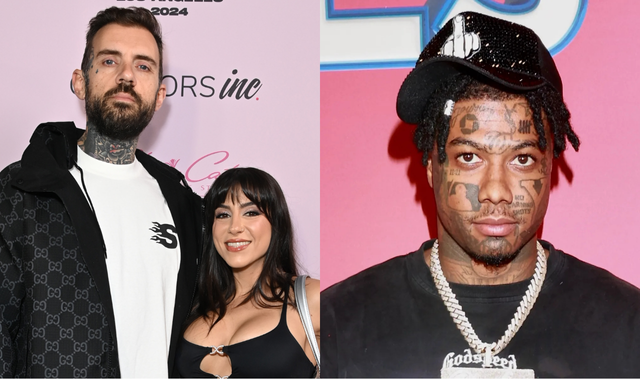 Collage of two event photos: on the left, a tattooed man standing beside a woman at a pink backdrop; on the right, a tattooed man wearing a black hat and chain posing in front of a colorful step-and-repeat background.